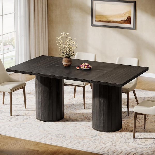 BYBLIGHT Sealey Black Wood 63 in. Pedestal Dining Table Kitchen Table Seats-6