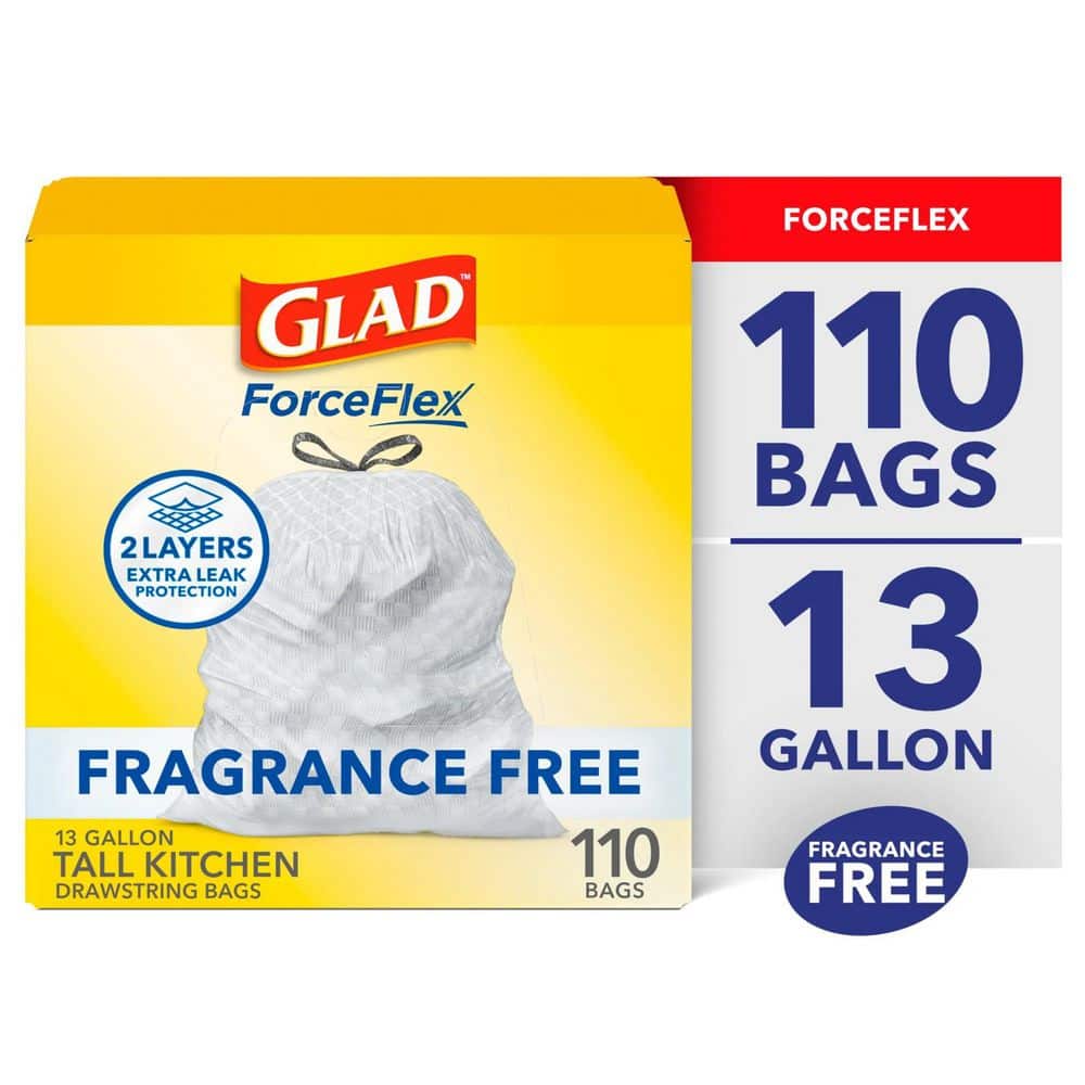 Glad 13 Gal. ForceFlex Tall Kitchen Drawstring Fragrance Free Trash Bags (110-Count)
