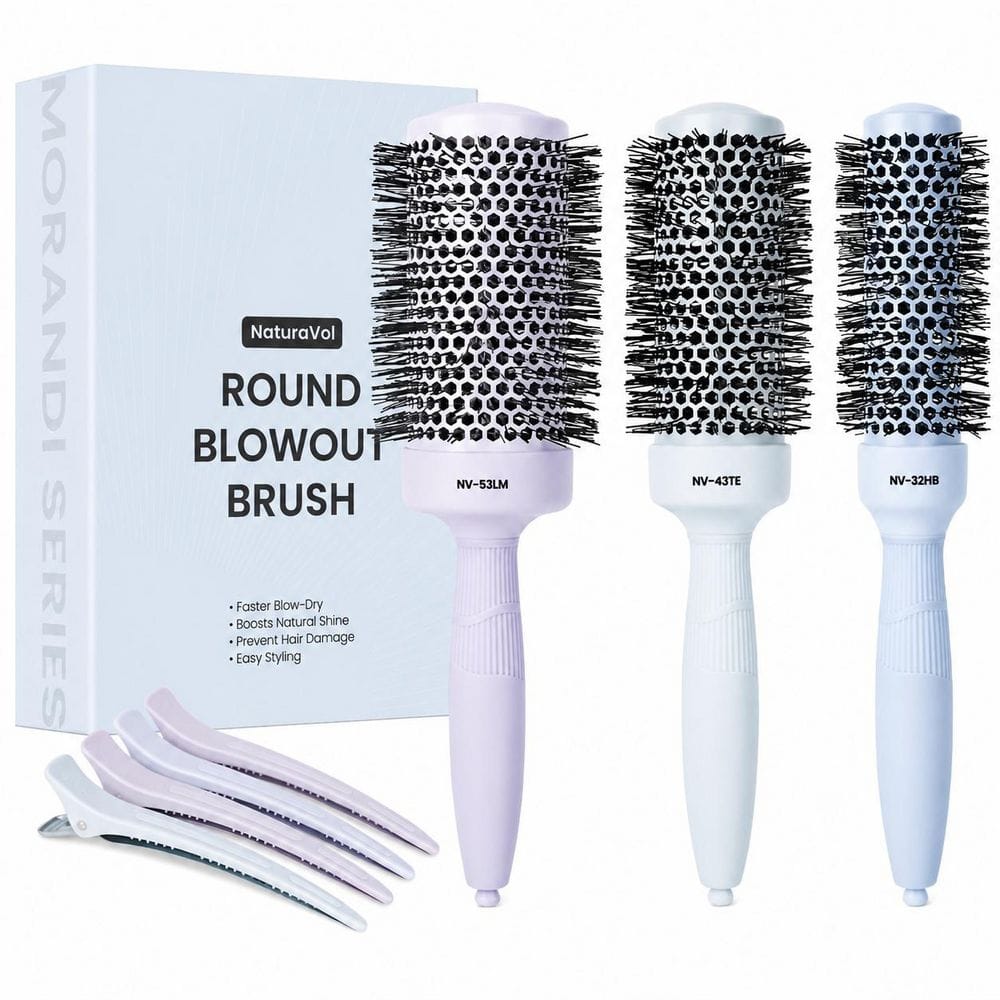 Round Hair Brush Set for Blow Out, 1.3 in 1.7 in 2.1 in Barrel, Purple Pink Blue