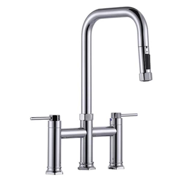 VEVETTA 3 Holes Double Handle Bridge Kitchen Faucet with Pull Down Sprayer in Polished Chrome