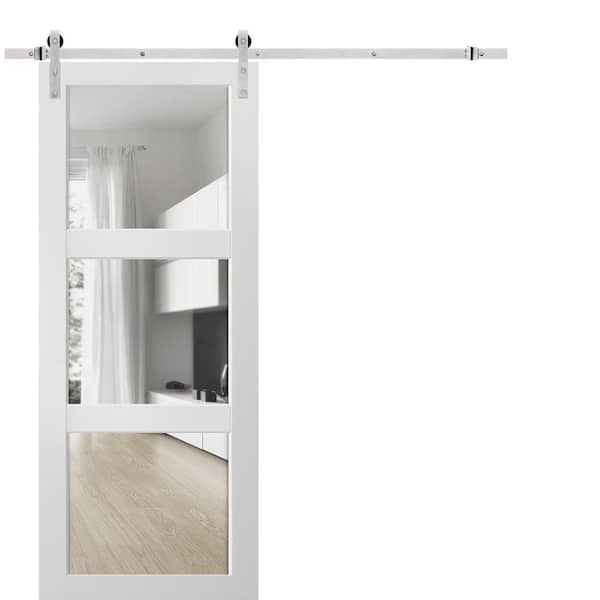 Sartodoors Lucia 2555 18 in. x 80 in. Full Lite Clear Glass Matte White Finished Solid Wood Sliding Barn Door with Hardware Kit