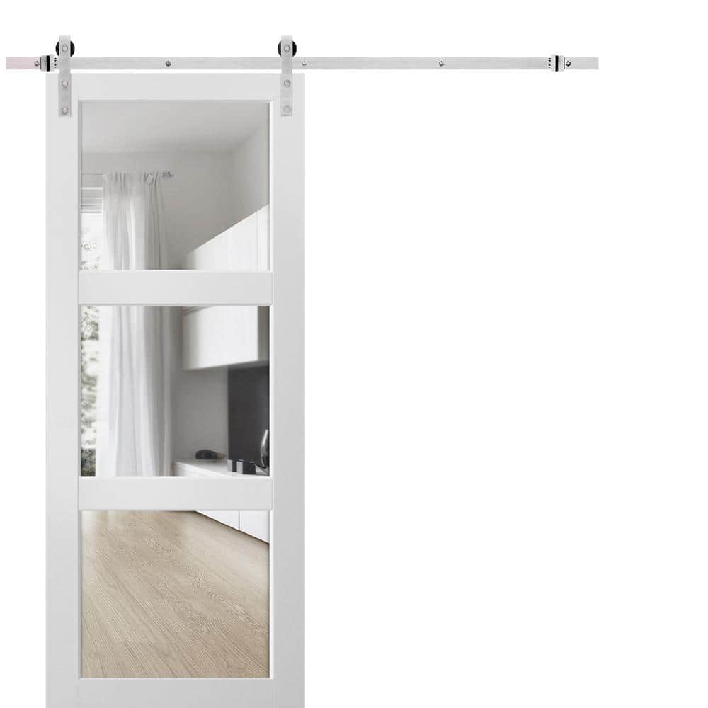 Assembly Required 24 in. x 80 in. Clear Glass Matte White Finished Solid Wood Sliding Barn Door with Hardware Kit price history on PriceWatchPro