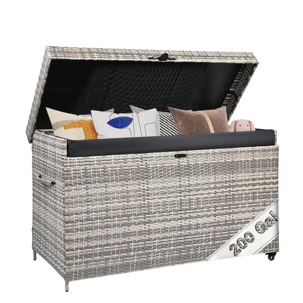 200 Gal. Wicker Deck Box All-Weather Outdoor Storage Box with Wheels in Gray
