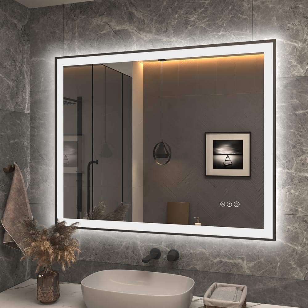 Sharp Mirror Apmir 40 in. W x 32 in. H Rectangular Space Aluminum Framed Dual Lights ...