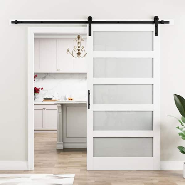 42 in. x 84 in. 5 Lite Tempered Frosted Glass White Primed Glass Sliding Barn Door with Hardware Kit