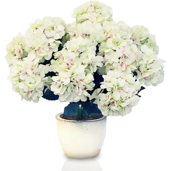 Larksilk 22" White Pink Indoor/Outdoor Artificial Hydrangea Flower Bush, Set of 7 Heads, Floral Home by Artificial Flowers
