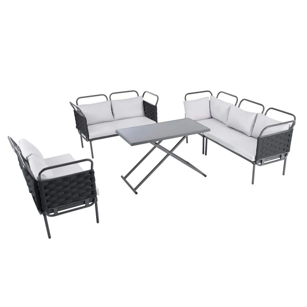 5-Piece Woven Rope Metal Outdoor Sectional Set with Cross Leg Glass Table a