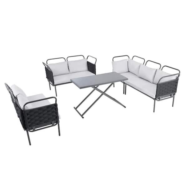 Unbranded 5-Piece Woven Rope Metal Outdoor Sectional Set with Cross Leg Glass Table and Gray Cushions