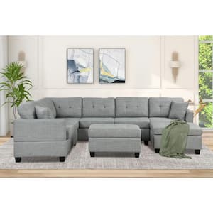121 in. Square Arm 4-Piece Linen U-Shaped Sectional Sofa in Gray with Storage