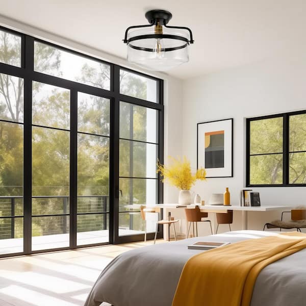 12 in. 1-Light Black Semi-Flush Mount Ceiling Light with Clear Glass Shade for Bedroom Foyer (1-Pack)