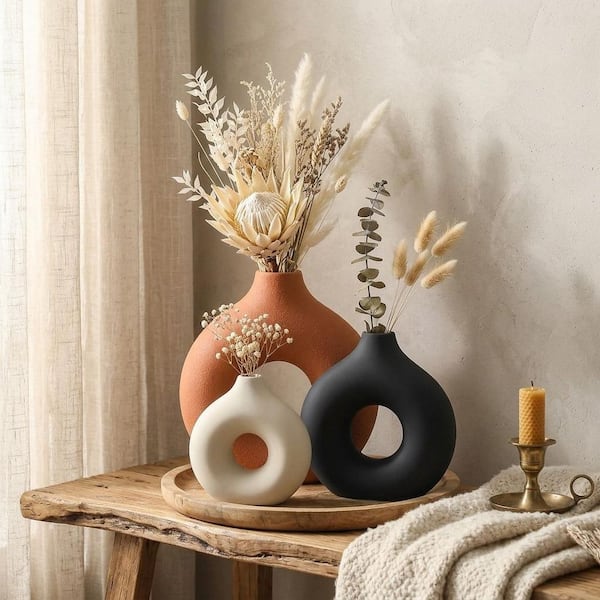 8.3 in. Rust Round Donut Shaped Ceramic Decorative Vase (Set of 3) TG26D8VA23