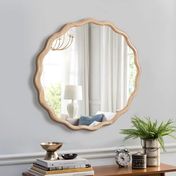 Elevatehome 36 in. W x 36 in. H Round Framed Floating Bathroom Vanity Mirror in Natural Solid Wood