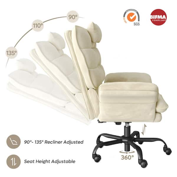 Velvet Seat High-Back Ergonomic Office Chair in Beige with Adjustable Padded Arms, Swivel Chair with Padded Headrest