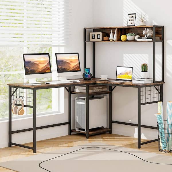 59 in. L-shaped Rustic Brown Desk with Power Outlet Large Corner Desk Converts to 2-Person Long Desk