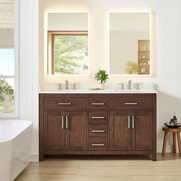 Beckett 60 in. Double Freestanding Dark Walnut Bath Vanity with White Quartz Top