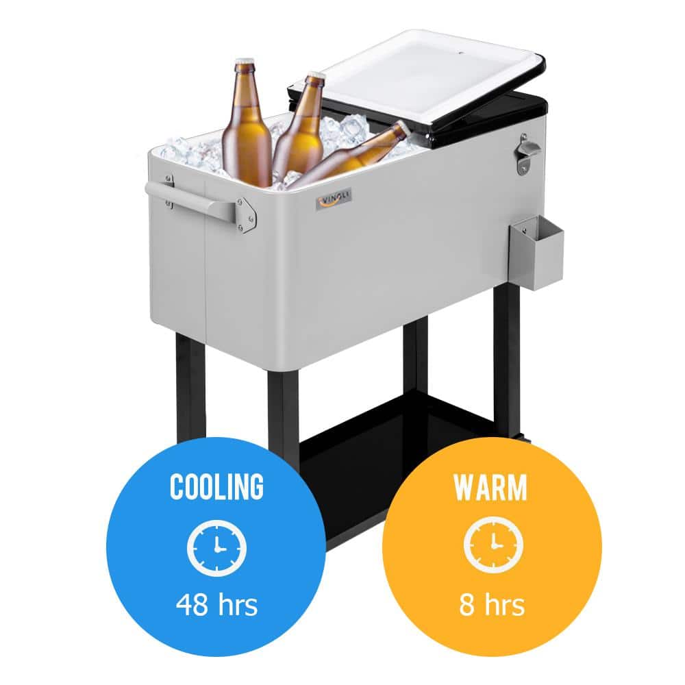 Gray 80QT Rolling Steel Cooler Cart with Wheels and Shelf