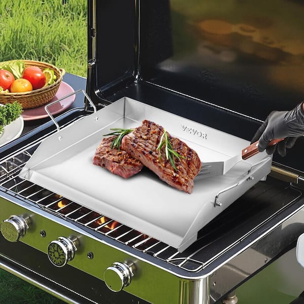 Stainless Steel Griddle 18 in. x 16 in. Universal Flat Top Rectangular Grills with 2 Handles and Grease Groove, Silver