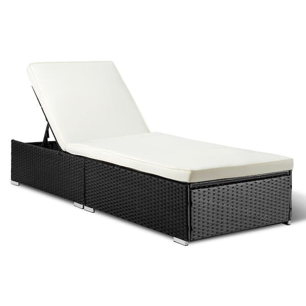 Karl home Black Back Adjustable Rattan Outdoor Lounge Chair Chaise Recliner with White Cushions