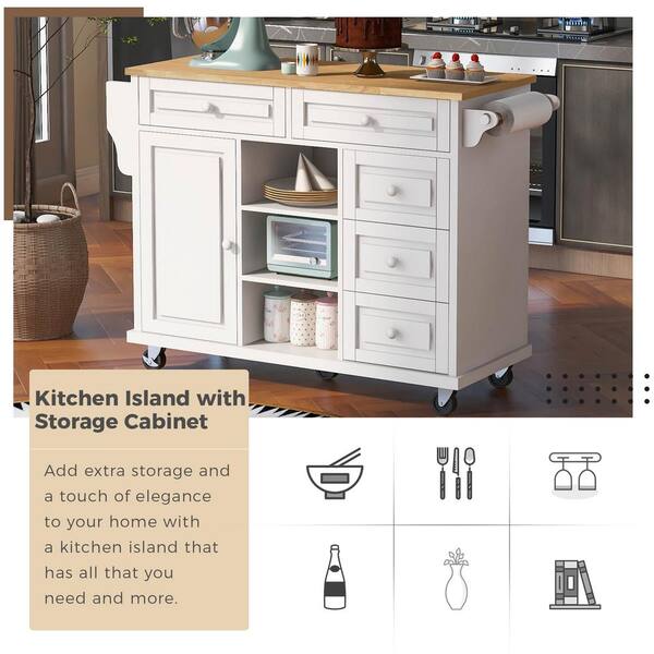 ARTCHIRLY Brown Solid Wood Top 53.1 in. White Kitchen Island with Drop Leaf, Cabinet Door Internal Storage Racks and 3-Drawers