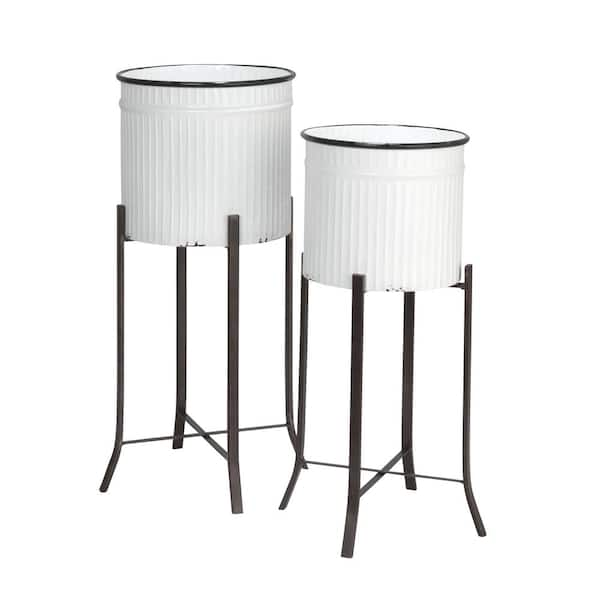 Storied Home White And Black Metal Round Indoor Outdoor Planters On Stands 2 Pack Ec1610 The