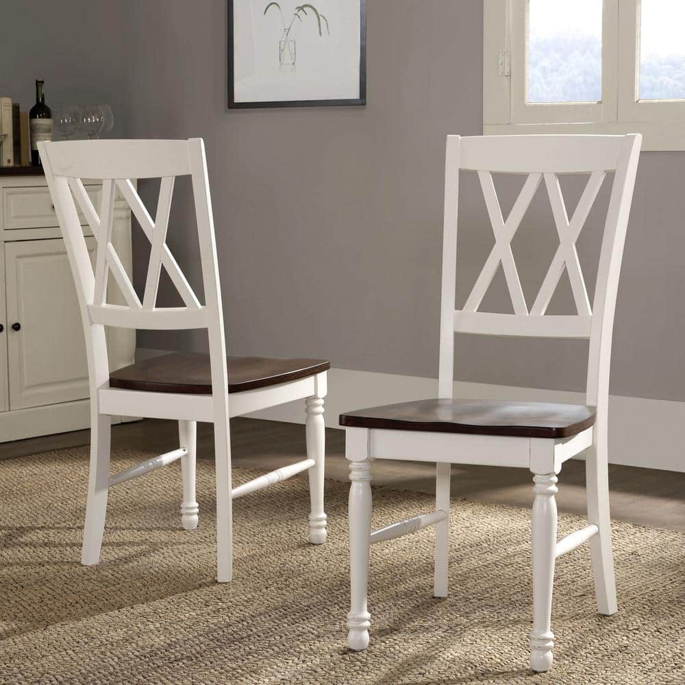 White Cross Back Rustic Wood and Metal Dining Chairs, Set of 2