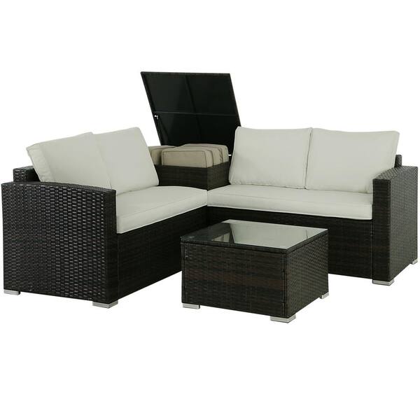 Zeus & Ruta 4 Piece Brown Wicker Outdoor Sectional Sofa Loveseat Set with Beige Cushions Storage Box Glass Top Table