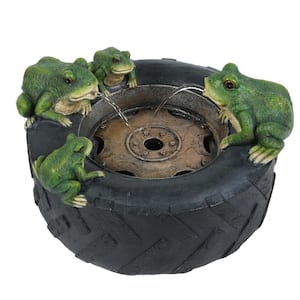 Black Old Tire Frog Friends Outdoor Polyresin Spitter Fountain
