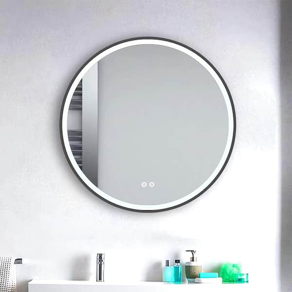 Cesicia 28 in. W x 28 in. H Round Framed Wall Mount Bathroom Vanity Mirror in Black with LED, Anti-Fog and Dimmable