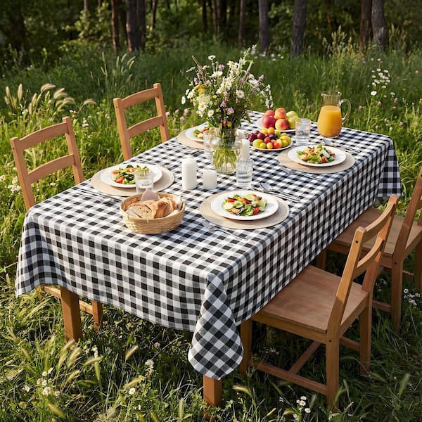 Raystar 60 in. x 84 in. Black and White Plaid PEVA Tablecloth Vinyl Tablecloth Party