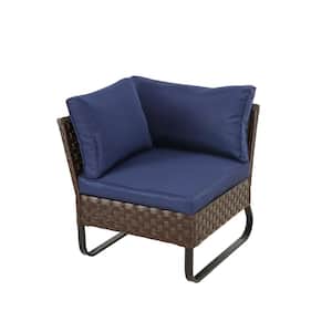 U-Leg Brown Wicker Outdoor Corner Chair with Blue Cushions