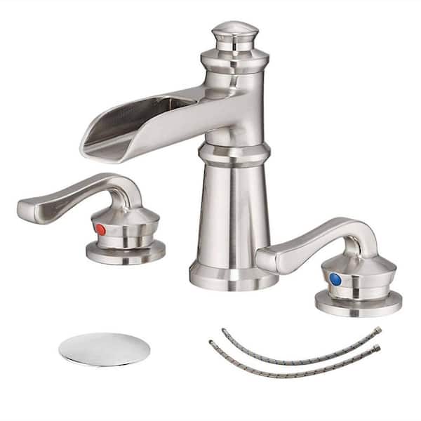 FLG 8 in. Widespread Double Handle Bathroom Faucet 3 Hole Brass Waterfall Sink Faucets with Drain Assembly in Brushed Nickel
