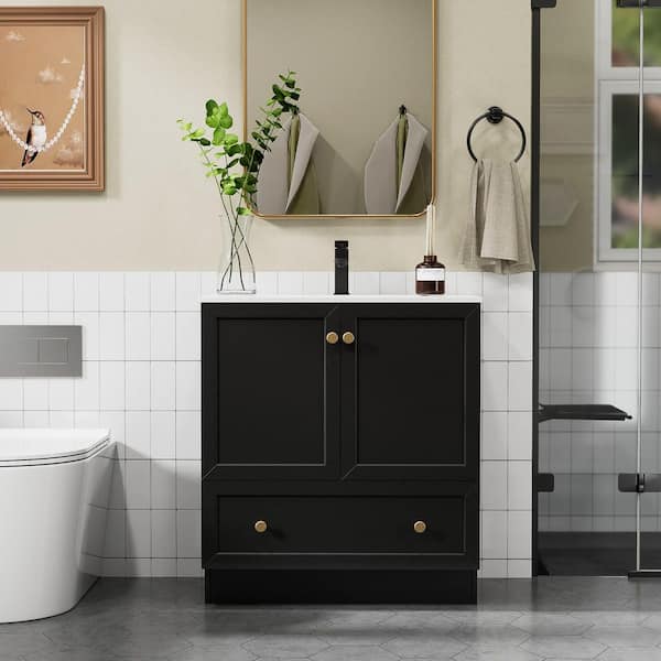 30 in. W x 18.2 in. D x 34 in. H Single Sink Freestanding Black Bath Vanity With White Integrated Composite Resin Top