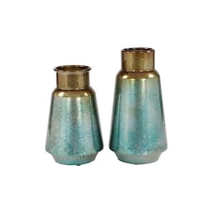 15 in., 13 in. Teal Metal Decorative Vase with Gold Top (Set of 2)
