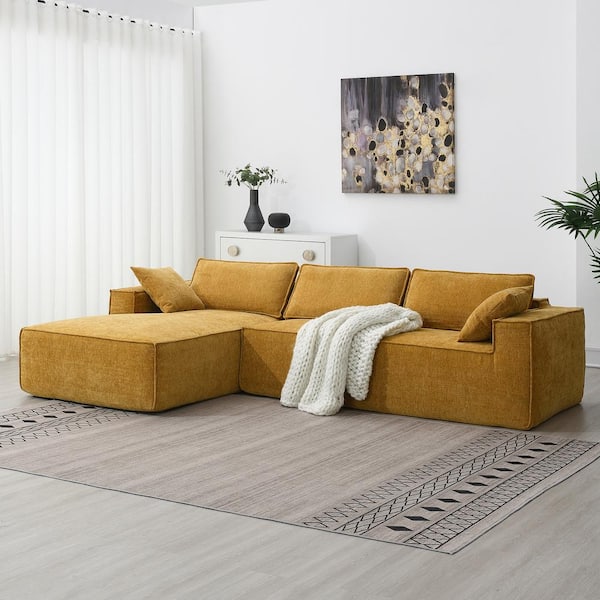 Harper & Bright Designs 111.5 in. 2-piece Chenille L-Shaped Modular Sectional Sofa in. Yellow with 2 Pillows, No Assembly Required