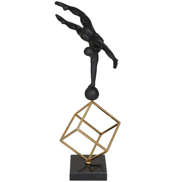 Litton Lane 6 in. x 17 in. Black Marble Gymnast Sculpture with Gold Cube Base