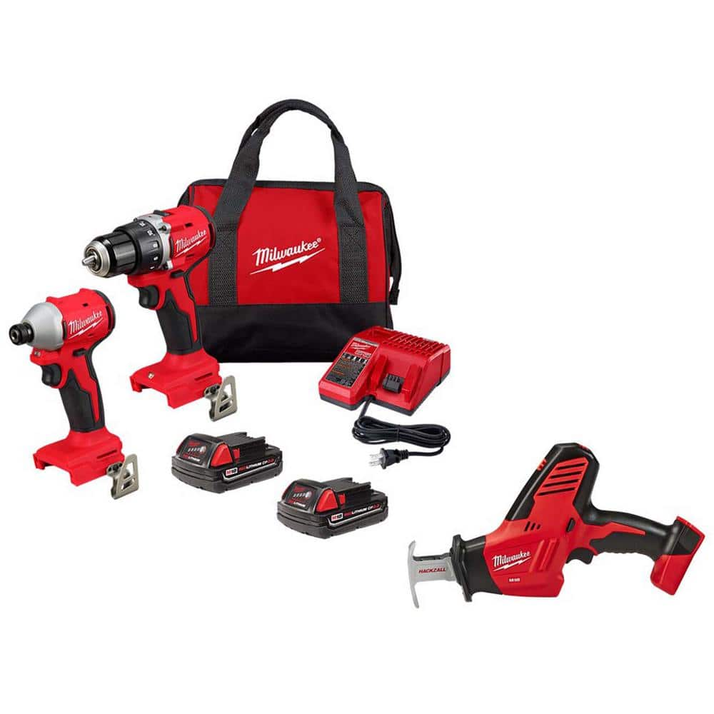 M18 18-Volt Lithium Ion Brushless Cordless Compact Drill/Impact Combo Kit with M18 Hackzall Reciprocating Saw -  Milwaukee, 3692-22CT-2625