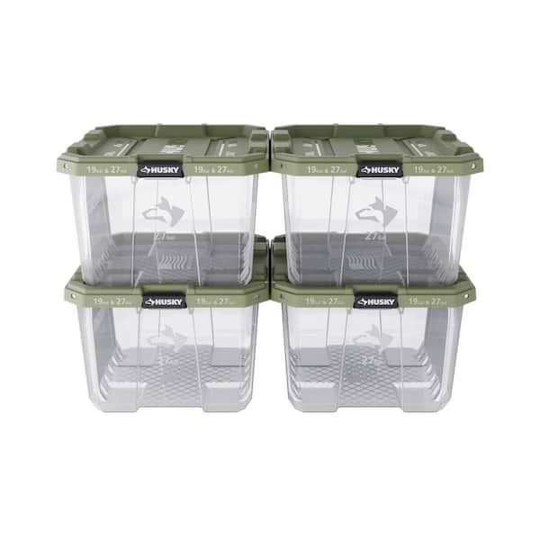 27 Gal. Pro Grip Storage Tote in Clear with Army Green Lid (4-Pack)