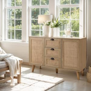 47.24 in. Oak Yellow Buffet Sideboard With Particle Board and Pinewood Legs, Natural Rattan Decor Drawers and Doors