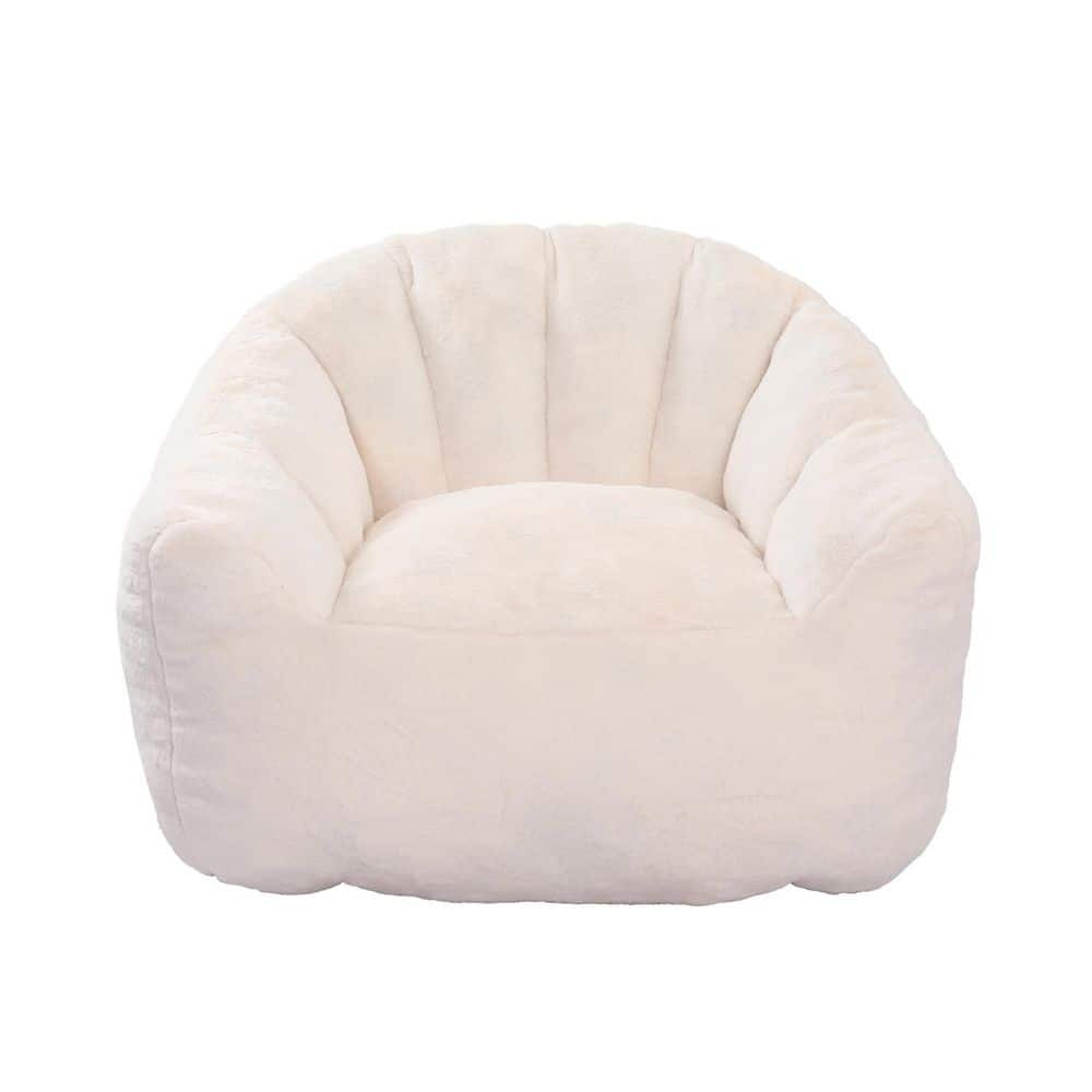 White Faux Fur Upholstery Bean Bag, Foam Filler Floor Sofa Chair for Bedroom or Living Room