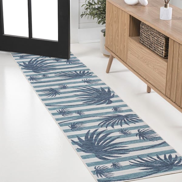 Veronica Classic Beach Stripe and Palm Leaf Navy/Cream 2 ft. x 8 ft. Indoor/Outdoor Runner Rug