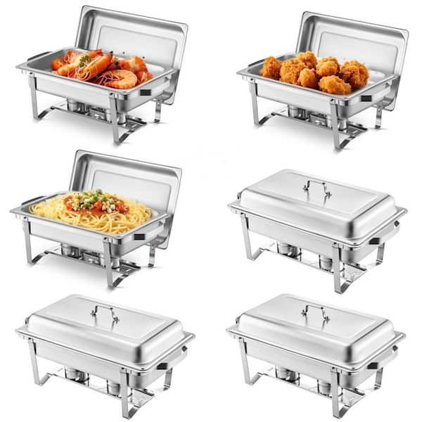 Chafing Dish Buffet Set, 8 qt. 6-Pack, Silver, Stainless Steel Chafing Dishes and Accessories, Round Catering Warmer