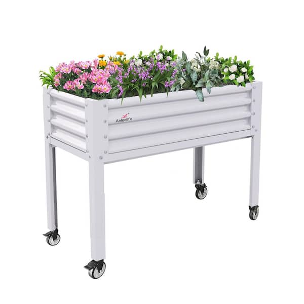 Zeus & Ruta 48 in. Rectangle White Metal Planter Box Raised Garden Bed on Wheels with Drainage Holes for Planting Vegetables Flowers