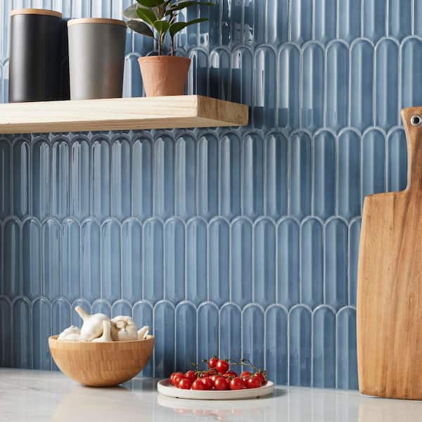 Medley Feather Coastal Blue 4 in. x 0.35 in. Glossy Ceramic Mosaic Wall Tile Sample