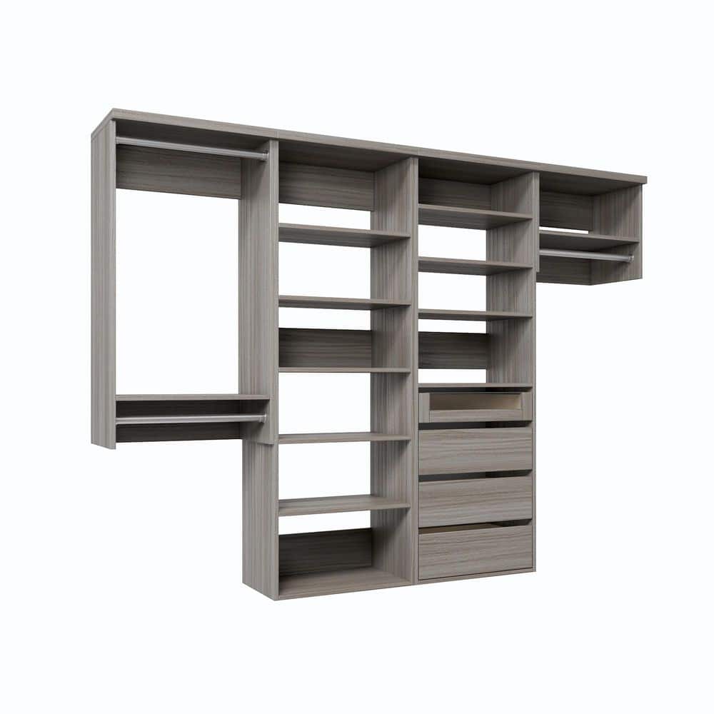 108 in. W Grey Oak Reach-in Wall-Mount 3-Rod 4-Reveal-Drawers 11-Shelf Wood Closet System