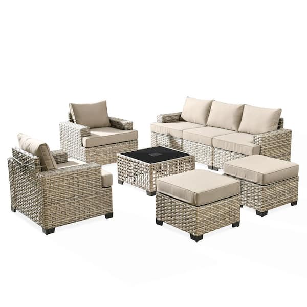 Kelley's 8-Piece Wicker Modern Outdoor Patio Conversation Sofa Seating Set with a LED Table and Beige Cushions