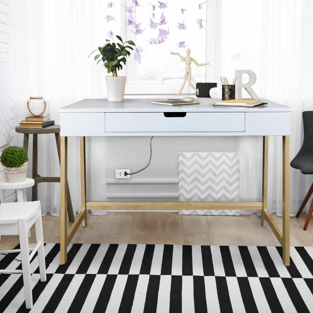 Neorustic White and Maple Desk with USB Ports