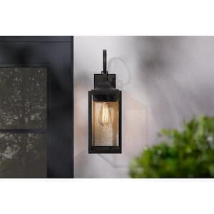 Havenridge 19 in. 1-Light Matte Black Hardwired Outdoor Wall Lantern Sconce with Seeded Glass (1-Pack)