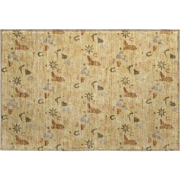 Mayfield Premium Machine Washable Abstract AMF2562 Gold 2 ft. x 3 ft. Accent Rug
