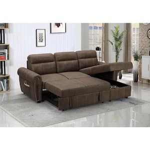 96 in. W Reversible Sleeper Fabric Sectional Sofa Chaise with USB Chargers and Pocket in Brown