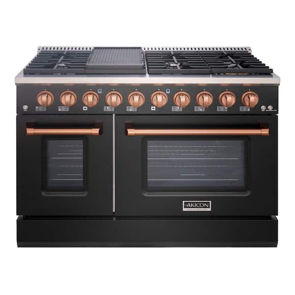 Akicon 48in. 8 Burners Freestanding Gas Range in Black and Copper with Convection Fan Cast Iron Grates and Black Enamel Top